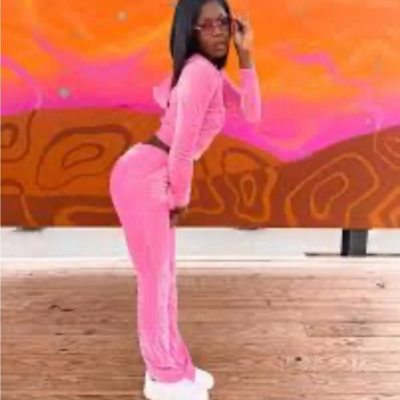 Pink Velour Velvet Women's Jumpsuit - Picture 7 of 11